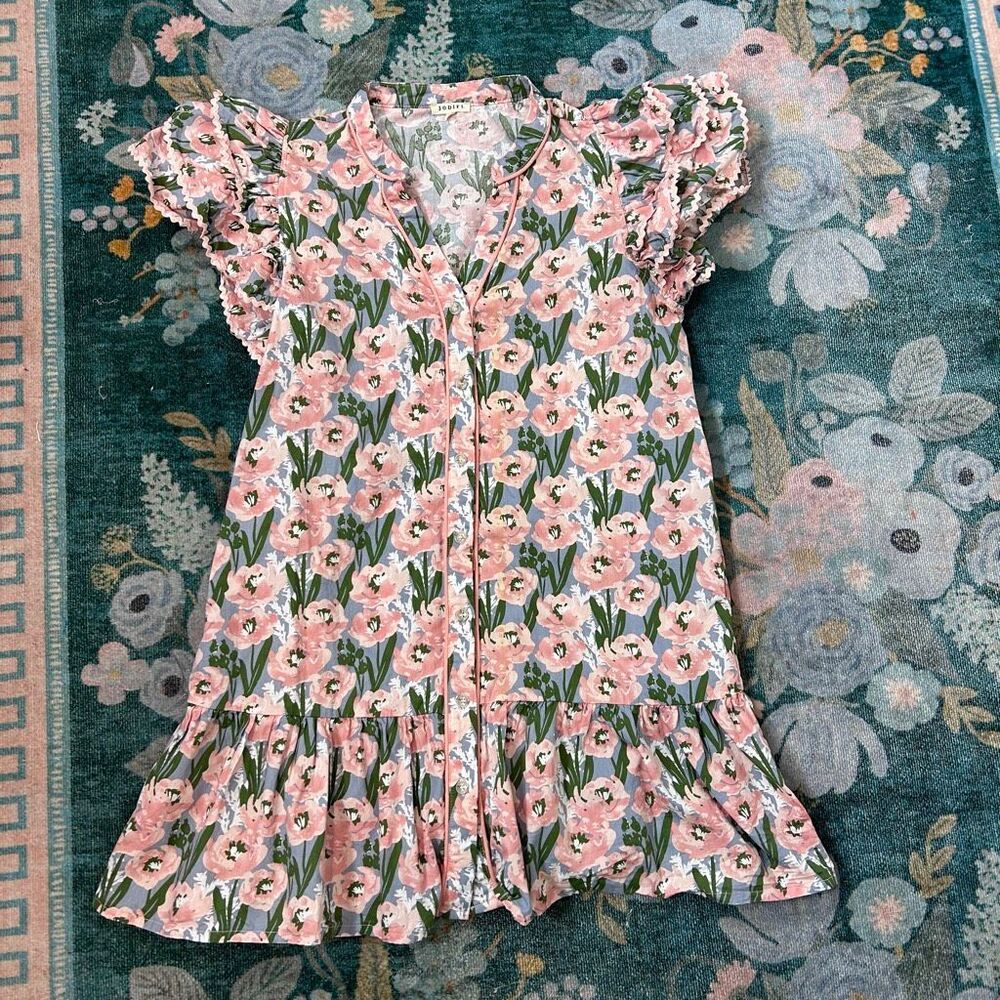 Jodifl Mini Dress Women Medium Pink Green Blue Floral Ric Rac Ruffle Button Down - Picture 13 of 16